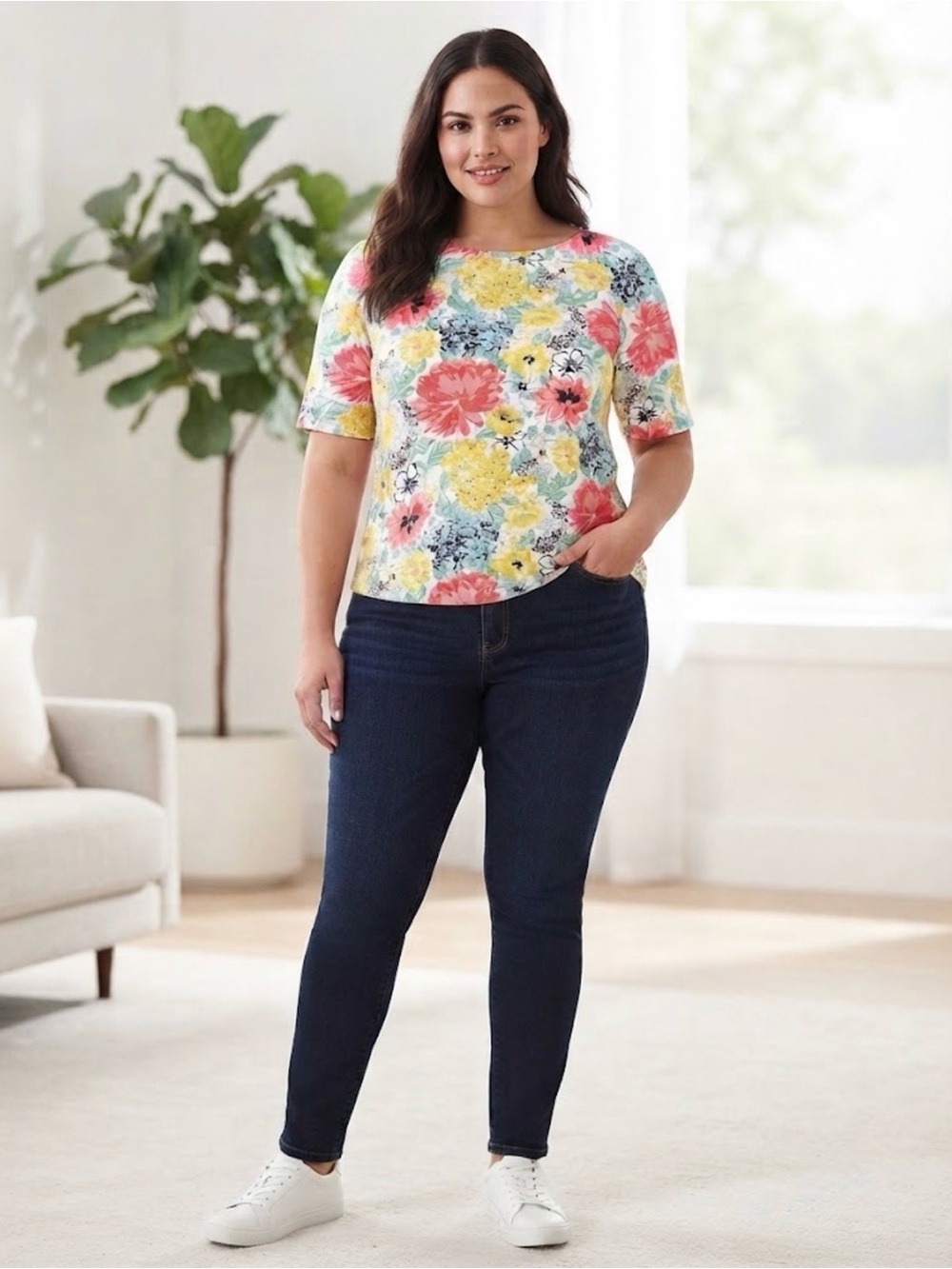 Charter Club Luxury Woman Pima Cotton 1X Blouse Floral Short Sleeve Top